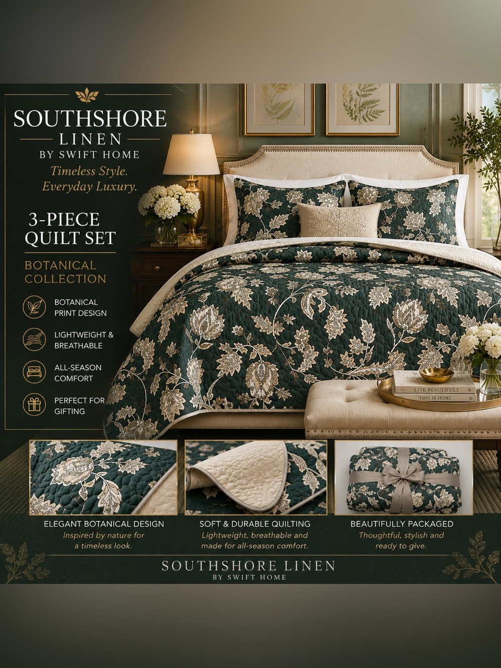 NWT SouthShore Linen by Swift Home 3-Piece Botanical Quilt Set